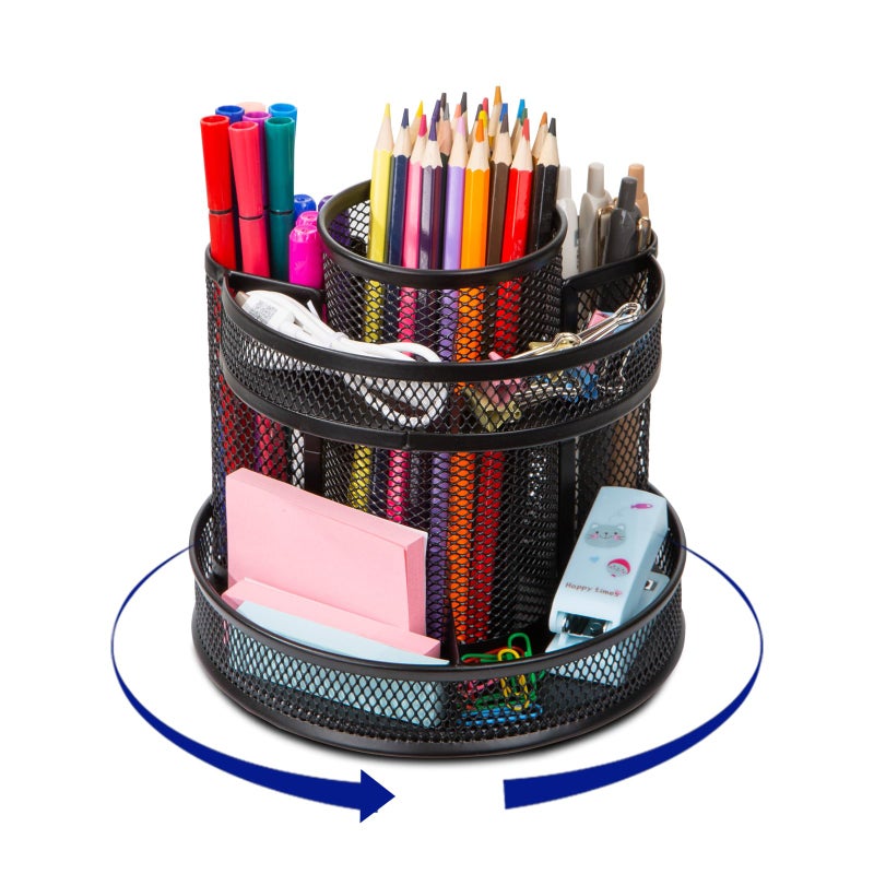 Comix 360 Rotating Pen Holder for Desk, 9 Compartments Office Desk Organizer, Black Mesh Metal Pencil Holder Cup for Office Home School - Image 1